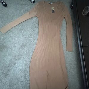 Tan Ribbed Long Sleeve Dress